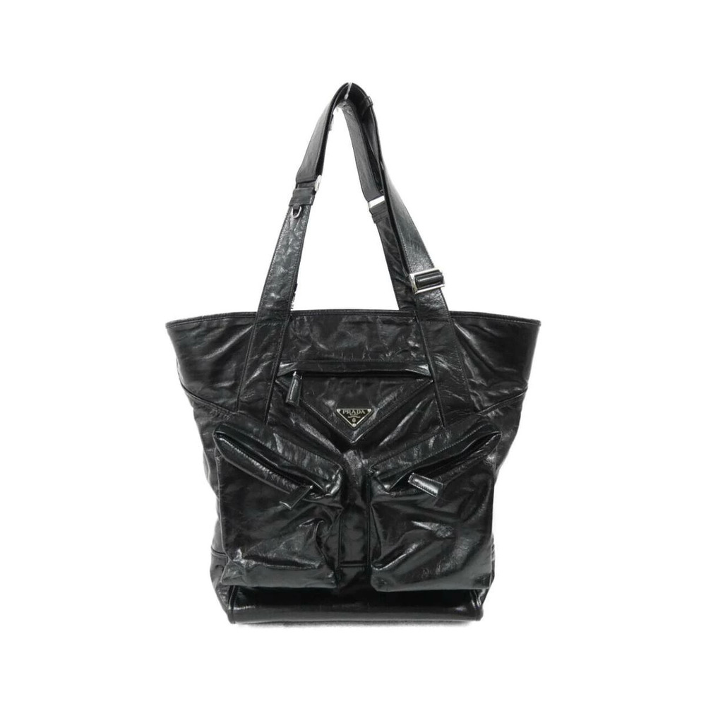 Prada black leather tote bag front triangle logo triple front pockets